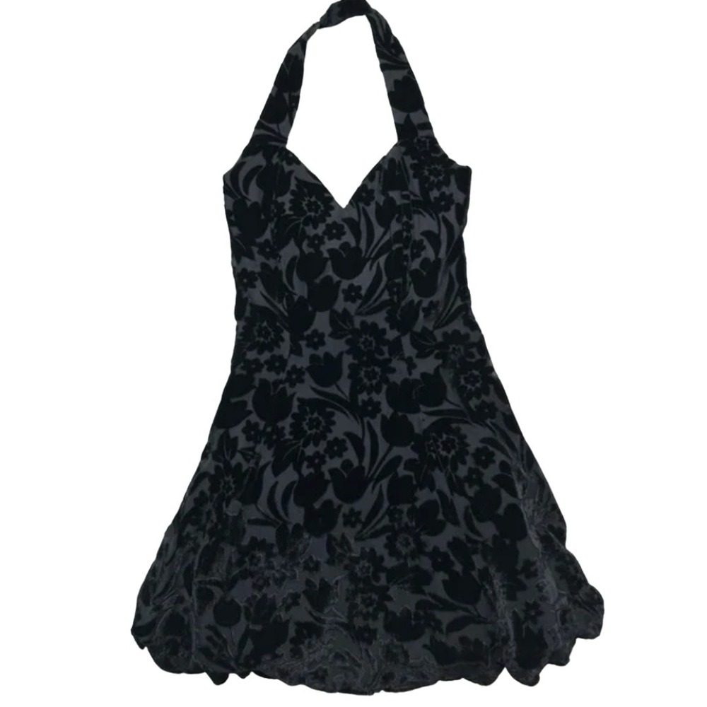 CDC Evening Black Burnout Velvet Floral Halter Fit Flare Dress M Vintage 90's‎